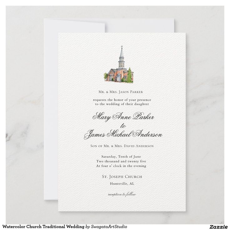 a wedding card with an image of a church and trees on the front, in white paper