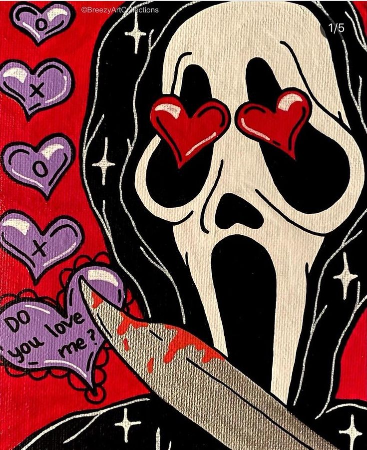 a painting of a skeleton with hearts on it's eyes holding a knife in its mouth