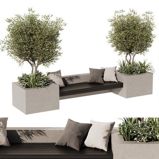 three different views of an outdoor seating area with trees and plants in planters on the benches