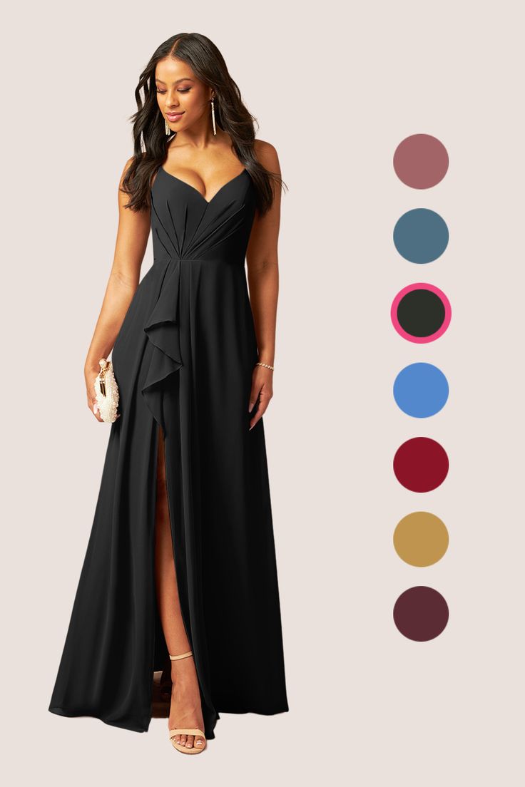 a woman in a long black dress with different colors