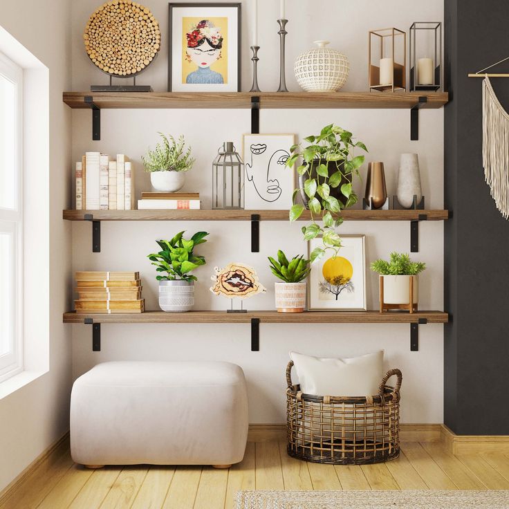 a living room with shelves filled with plants and pictures on it's wall, along with a footstool