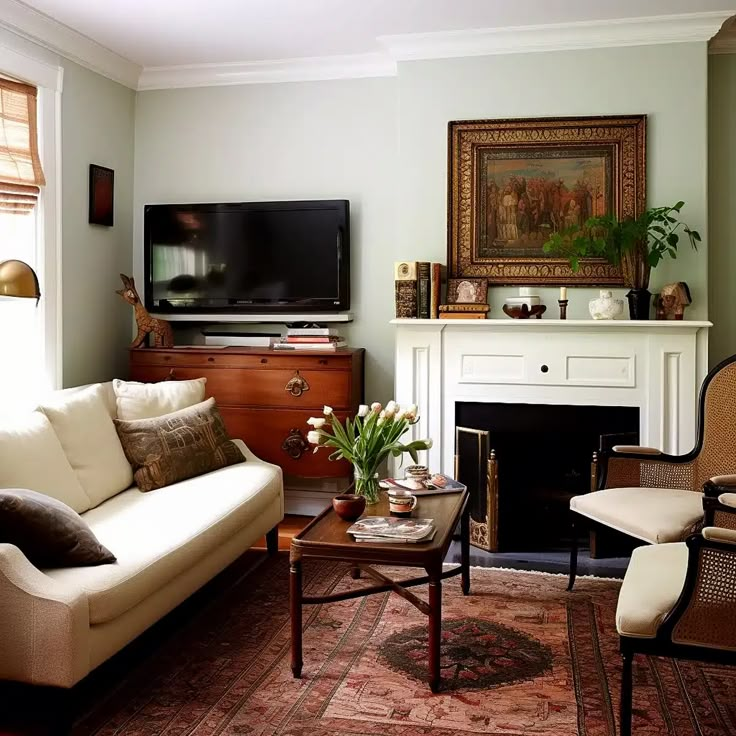 a living room filled with furniture and a flat screen tv mounted on the wall above a fire place