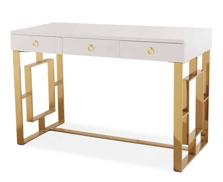 a white and gold desk with two drawers on each side, in front of a white background