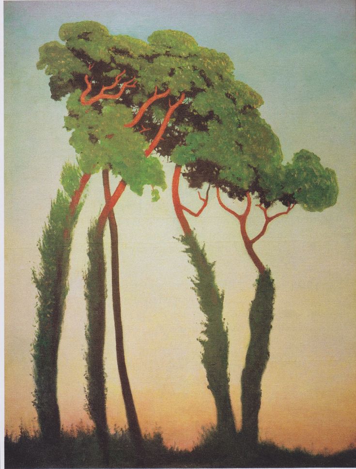 an oil painting of three trees in the sunset