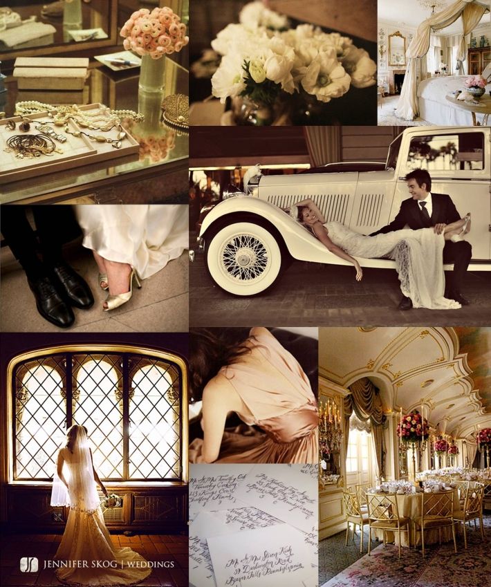 a collage of wedding photos including an antique car, bride and groom in formal attire