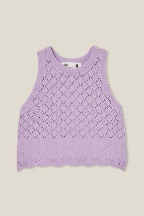 Girls Fashion, Clothes & Accessories | Cotton On Kids USA Sleeveless Pointelle Knit Top For Summer, Cotton Pointelle Knit Top, Casual Pointelle Knit Tank Tops, Sleeveless Cotton Knit Top With Pointelle Knit, Summer Purple Cotton Tank Top, Sleeveless Cotton Pointelle Knit Top, Kids Tank Top, Purple Cotton Kawaii Top, Spring Sleeveless Pointelle Crochet Top