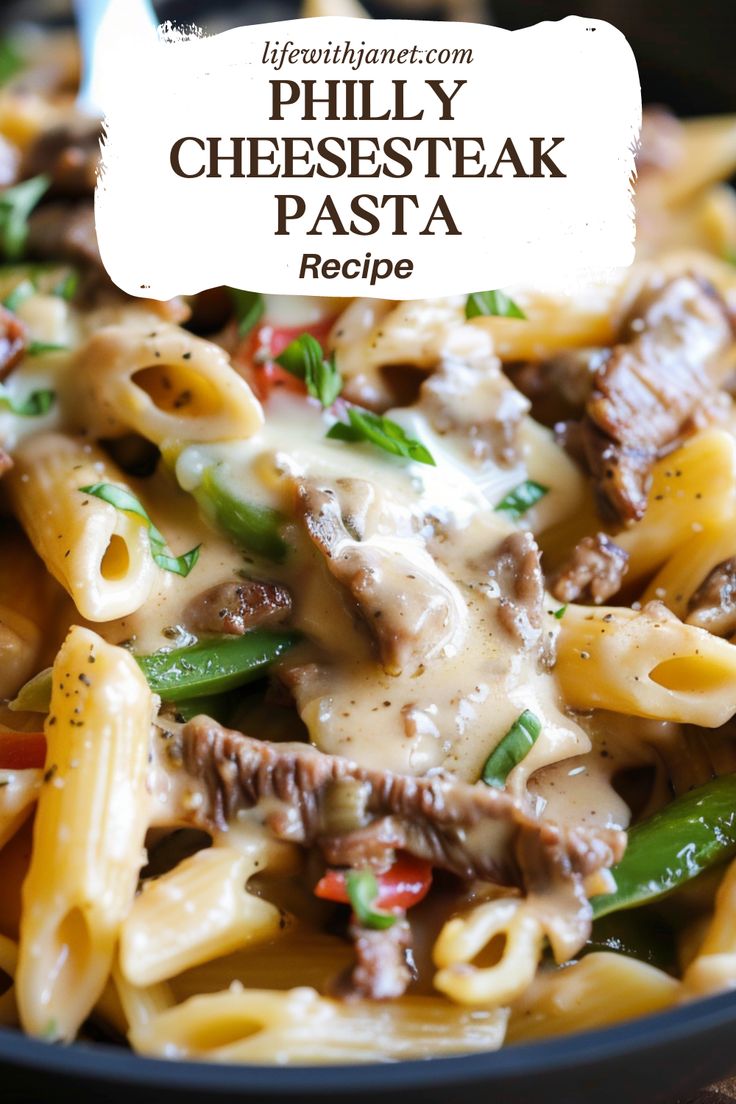 pasta with beef, cheese and green peppers in a skillet