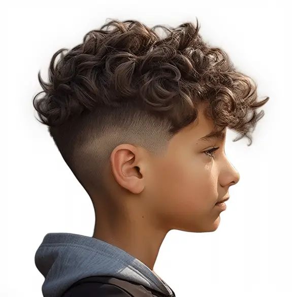 Curly Top with Low Fade Wavy Boys Hairstyle, Perm Fade Haircut, Boys Permed Hair, Boys Haircut Trendy Curly, Boys Haircut Curly Hair Kids, Boys Curly Hairstyles, Little Boy Curly Haircut, Teen Boy Perm Hairstyle, Boys Loose Permed Hair