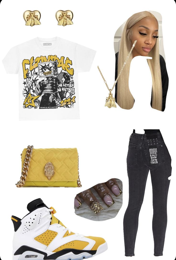 Black And Yellow Ones Jordans Outfit, Black Yellow Jordan Outfit, Yellow Jordan 4 Outfit Women, Black And Yellow Jordan 4s Outfit, Yellow 6s Outfits, Jordan 6 Yellow Ochre Outfit, Cute Online Clothing Stores, Teen Swag Outfits, Cute Birthday Outfits