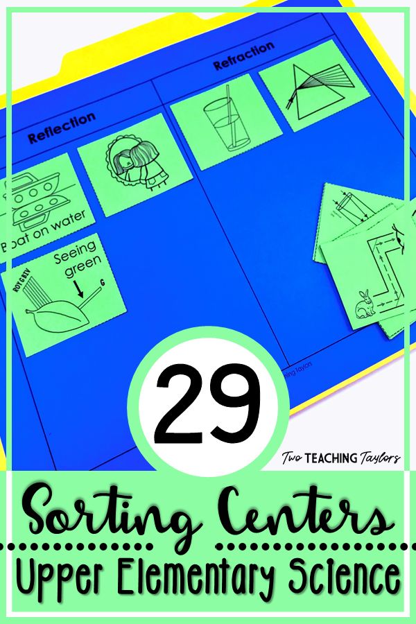 an open book with the title 29 sorting centers for upper elementary science, including paper and scissors