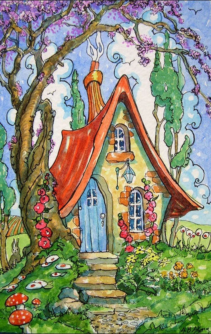 a painting of a house in the woods with trees and flowers around it, surrounded by mushrooms