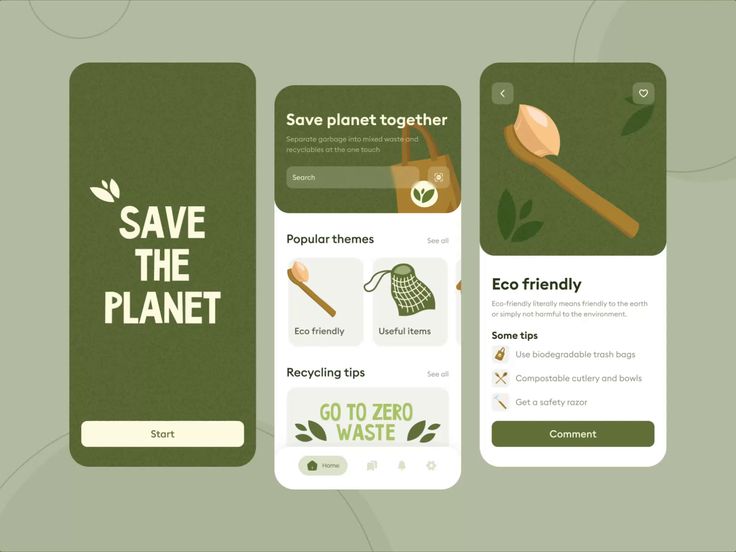 three smartphones with the text save the planet and eco waste written on one screen