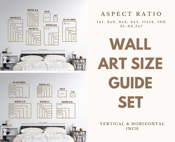 the wall art size guide is displayed in two separate images, with text overlaying it