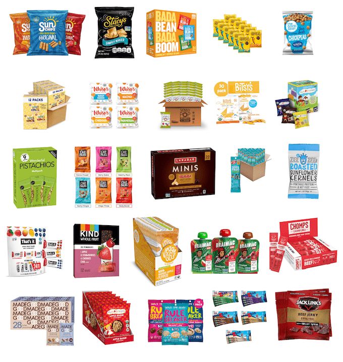 an assortment of snacks are shown on a white background, including cereals and candy bars