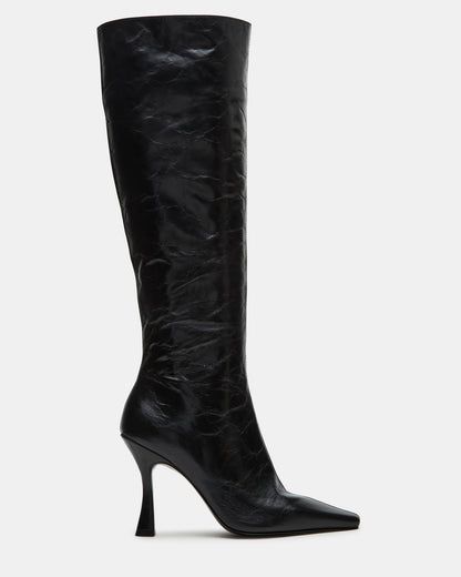 FAYE Black Leather Knee-High Heeled Boot | Women's Boots Long Black Leather Boots, Pointy Boots, Fancy Flats, Black Leather Knee High Boots, Knee High Boots Flat, Pointed Toe Boots, Black Heel Boots, Red Boots, Knee High Leather Boots