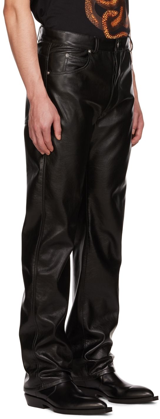 Grained faux-leather trousers. · Belt loops · Five-pocket styling · Button-fly · Lizard-embossed faux-leather logo patch at back waistband · Logo-engraved silver-tone hardware Supplier color: Black Sleek Straight Leg Leather Pants With Pockets, Sleek Leather Pants With Belt Loops, Black Leather Bottoms With Button Closure, Business Casual Leather Bottoms With Belt Loops, Leather Bottoms With Belt Loops For Business Casual, Leather Workwear Pants With Button Closure, Leather Bottoms With Button Closure For Work, Tapered Leg Leather Pants For Formal Occasions, Modern Leather Bottoms For Business Casual