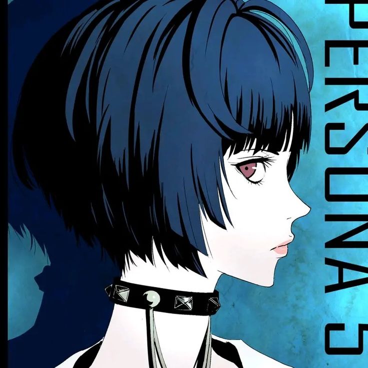 an anime character with short black hair and piercings on her neck, looking to the side