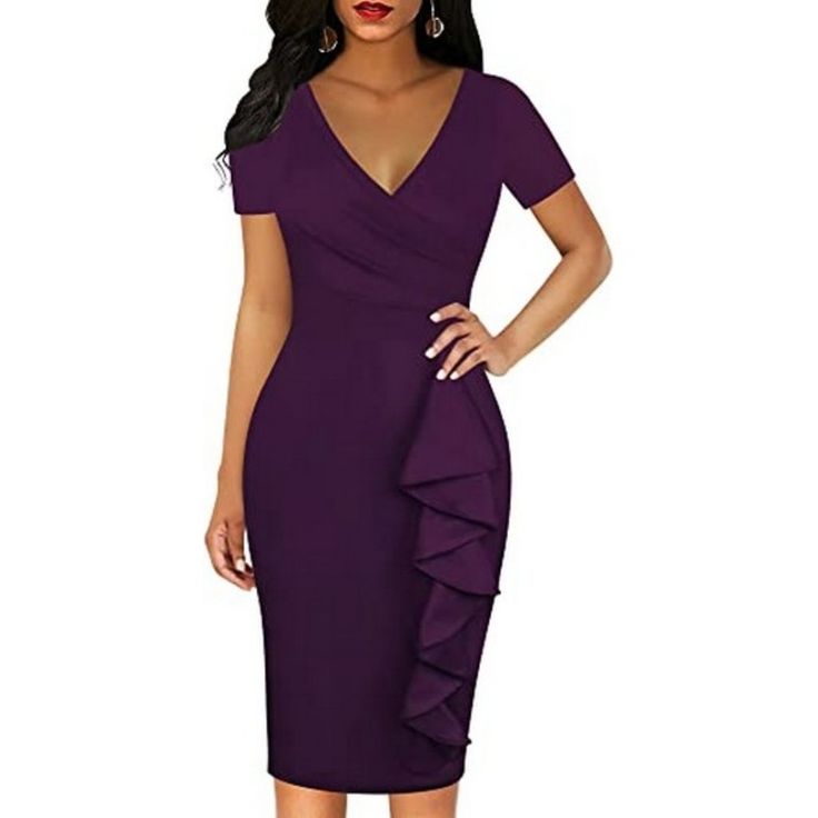 Women's V Neck Hem Work Dress, Purple 65% Cotton, 35% Polyester Imported Zipper Closure Dry Clean Only Casual Sheath Dresses : Women's Party Bodycon Dresses Very Cute Well Cut And Hugs Your Curves Perfectly. Elegant Women's Wear To Work Dresses Very Pretty And Accentuates Your Figure.This Women's Work Pencil Dresses Have A Elegant Feminine Look! Chic V Neck Club Bodycon Dresses : This Is Vintage Mini Work Party Wedding Guest Dresses. Retro Women's V Neck Mini Dress Make You More Feminine.The Wom Fitted Purple V-neck Dress, Purple Fitted V-neck Midi Dress, Purple Fitted V-neck Dress, Summer Formal Purple Bodycon Dress, Purple Bodycon Dress For Summer Formal, Fitted Purple Midi Dress For Office, Purple Fitted Midi Dress For Office, Purple Short Sleeve Bodycon Dress For Party, Purple Short Sleeve Bodycon Party Dress