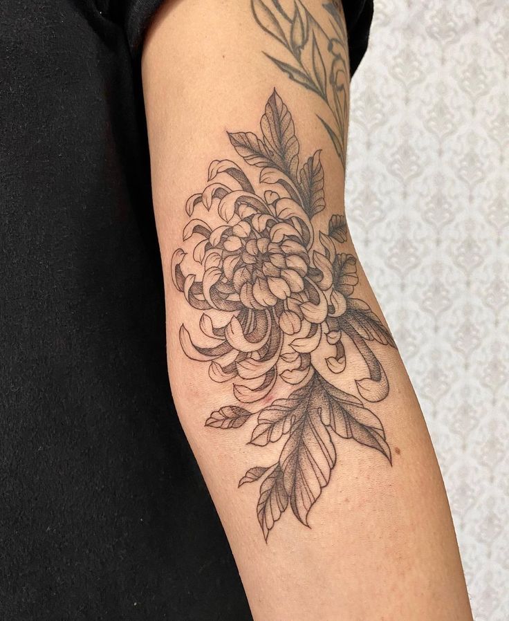 Dense Flower Tattoo, Chrysanthemum And Snake Tattoo, Fineline Chrysanthemum Tattoo, Fine Line Tattoo Cover Up, Elbow Flower Tattoos, Floral Linework Tattoo, Chrysanthemum Tattoo Shoulder, Chrysanthemum Tattoo Sleeve, Crysanthemum Tattoo Design