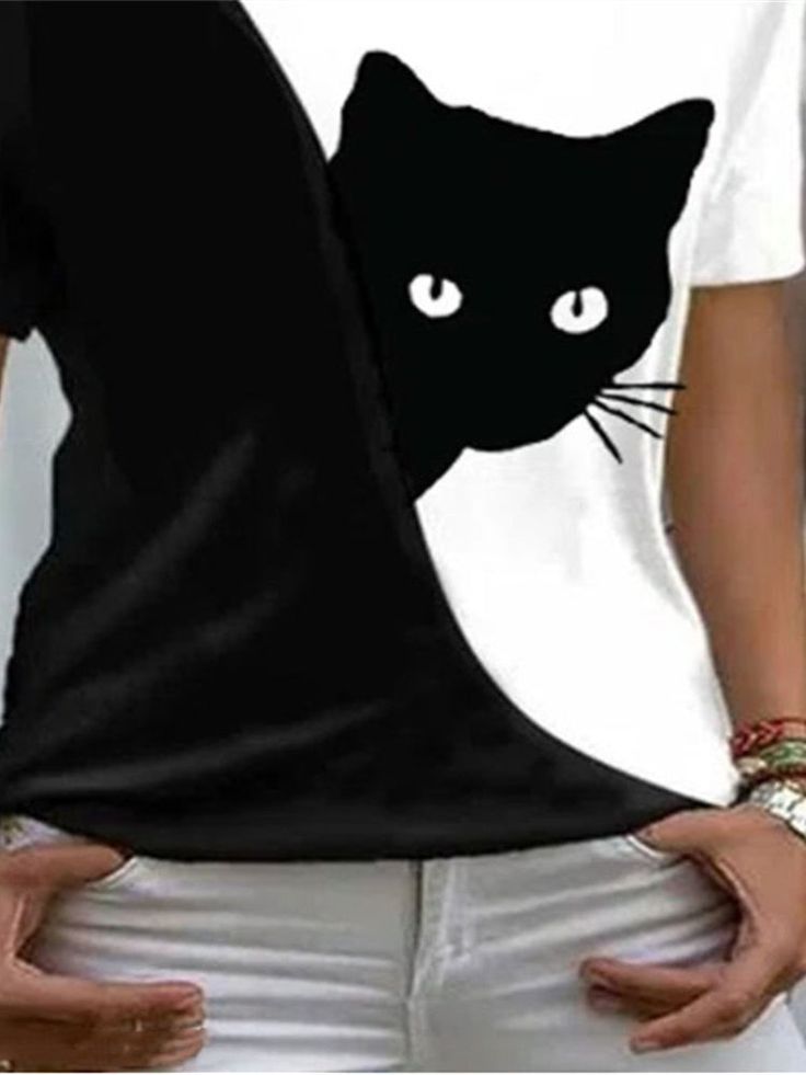 Women's Black V-neck Short Sleeve Graphic Cat Top Black Cat Design Tops For Spring, Fitted Black Top With Cat Design, Black Cat Design T-shirt, Casual Black Tops With Cat Design, Black Short Sleeve Top With Cat Design, Casual Black Top With Cat Design, Black Casual Top With Cat Print, Casual Black Cat Print Top, Casual Black Top With Cat Print