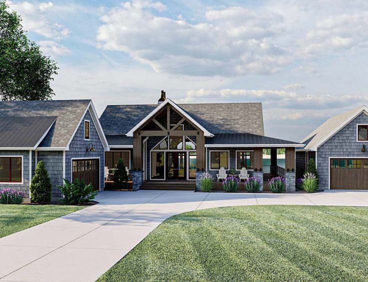 this is an artist's rendering of a house in the country style with two garages