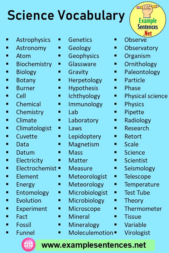 the science vocaulary list for students to use in their classroom or home