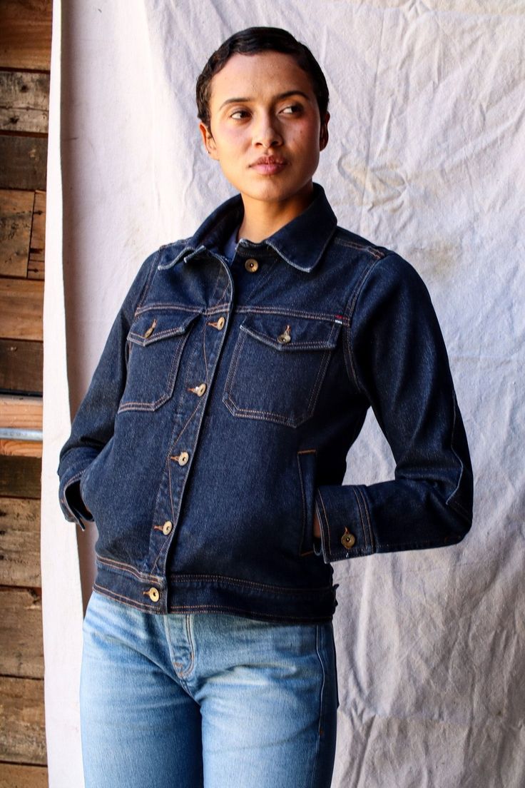 Practical, durable and looks great with anything. This jacket only gets better with time. Inspired by our favorite vintage work and hunting jackets. Made with our 14oz broken twill denim from the 175-year-old Mount Vernon Mills in Georgia. Flat felled seams throughout give extra strength, while gussets on the back allow for greater range of motion. Welt pockets for your hands and inside hidden pockets. Finished with tobacco key holes and our custom brass hardware made in Georgia. Fits true to si Dark Wash Selvedge Outerwear For Work, Classic Selvedge Dark Wash Outerwear, Fall Selvedge Outerwear For Work, Classic Selvedge Denim Jacket For Work, Unstructured Dark Wash Denim Jacket For Work, Vintage Denim Jacket With Double-needle Stitching For Fall, Dark Wash Selvedge Outerwear For Fall, Flat Felled Seam, Instagram Men