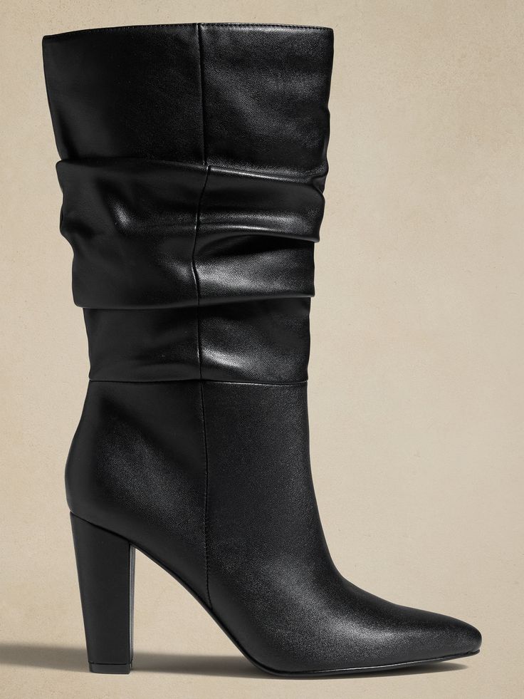 Vegan Leather Slouchy Boot | Banana Republic Factory Chic Suede Mid-calf Boots With Stacked Heel, Formal Boots For Fall, Chic Winter Boots With Stacked Heel, Fall Faux Leather Knee-high Boots For Work, Chic Winter Boots With Leather Lining, Chic Knee-high Boots With Stacked Heel For Fall, Chic Suede Mid-calf Boots For Fall, Fitted Fall Heeled Boots With Leather Lining, Fall Formal Heeled Boots In Faux Leather