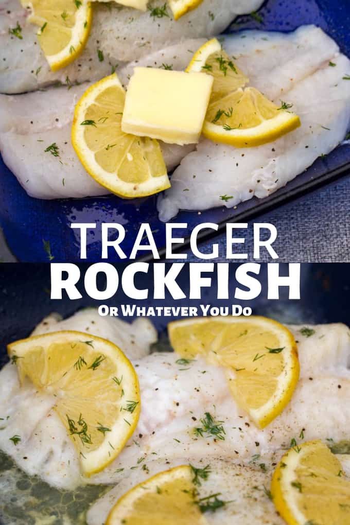 raw fish with lemons and parsley on the side in a skillet that says traeger rockfish or whatever you do