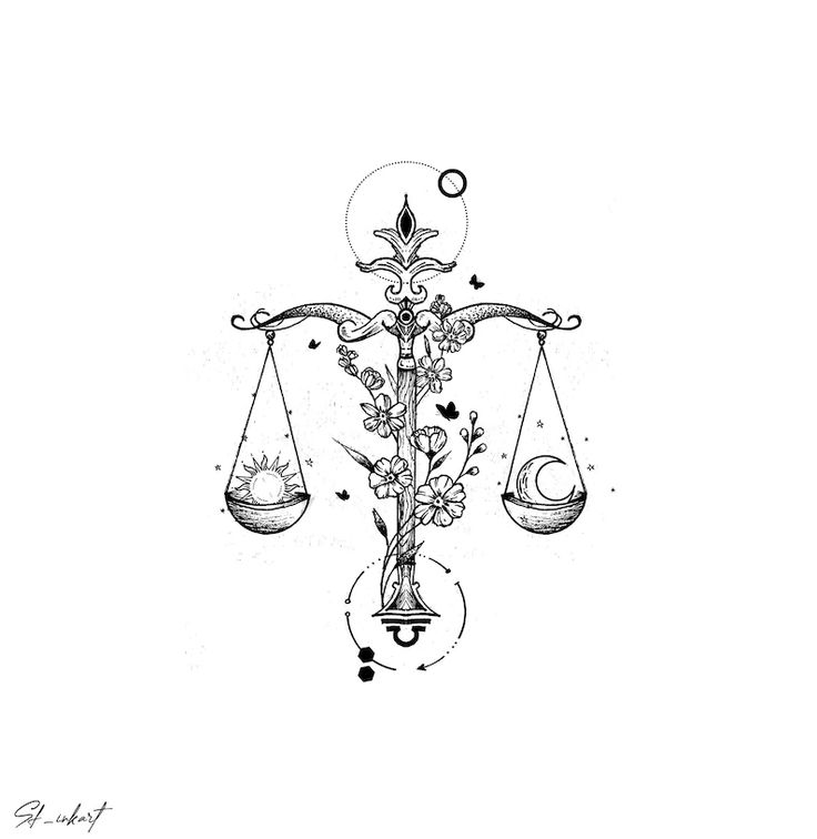 a black and white drawing of a balance scale with flowers on it's side