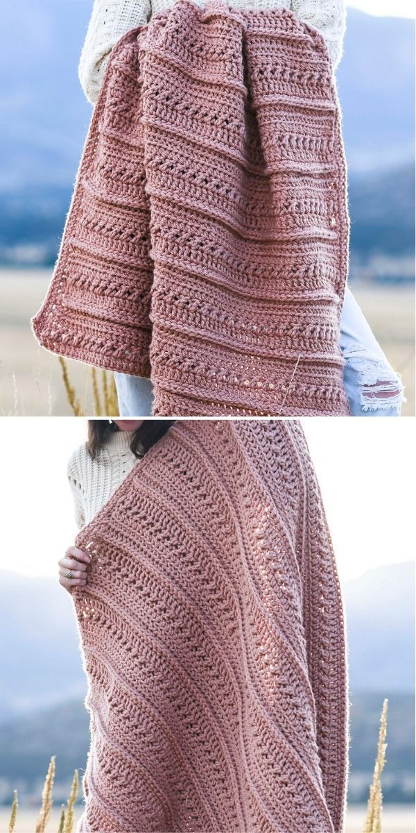 two photos showing the back and side of a pink crocheted blanket