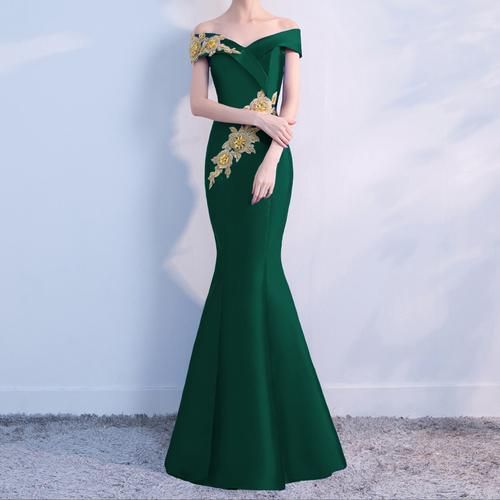 Green Long Floral Evening Dress (Stunning) One Shoulder Green Evening Gown, Dark Green Evening Dress For Prom Season, Green One-shoulder Evening Dress For Wedding, Green Off-shoulder Gown For Wedding, Green Long Dress For Banquet, Elegant Dark Green Dress For Banquet, Elegant Dark Green Banquet Dress, Green Evening Dress For Banquet During Prom Season, Dark Green Formal Dress For Prom Season