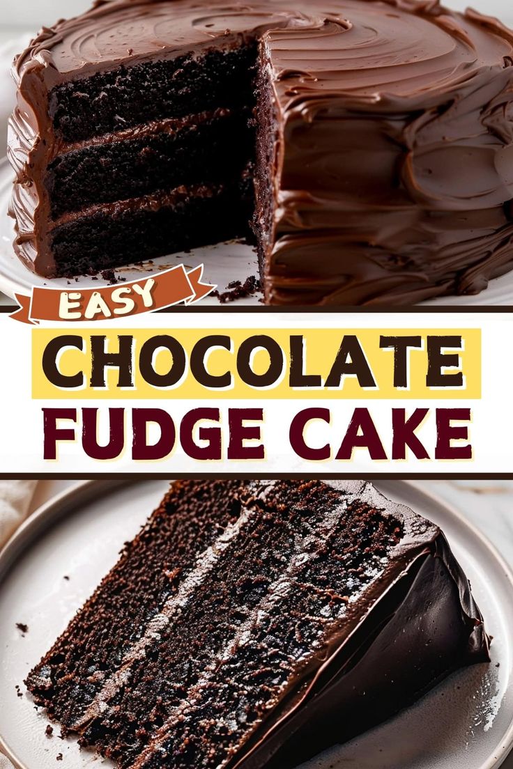 the chocolate fudge cake is cut into slices