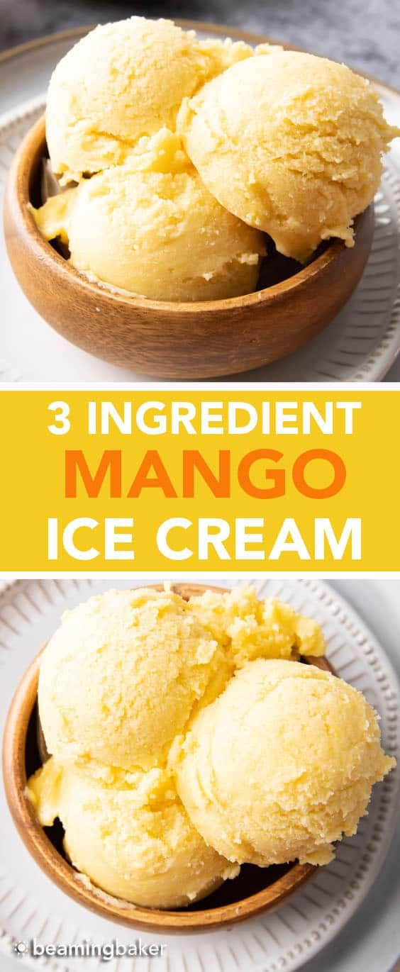 three ingredient mango ice cream in a wooden bowl on a white plate with text overlay