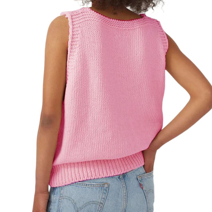 Pink V Neck Knit Sleeveless Sweater Spring Crew Neck Knit Sweater Vest, Spring Sweater Vest With Knit Fabrication Crew Neck, Cotton Tank Sweater Vest For Fall, Knitted Tank Sweater Vest For Spring, Pink Sleeveless Knit Tank Top, Pink Knit Tank Top, Pink Knit Sleeveless Tank Top, Sleeveless Knitted Cotton Sweater, Pink Crew Neck Vest For Spring