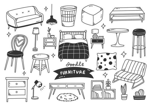 hand drawn furniture set in black and white