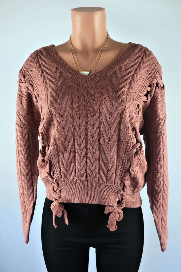 Size: M/L Womens Mauve Sweater, Mauve Sweater, Knitted Lace, Top 50, Lace Knitting, Long Sleeve Knit, Sweater Top, Lace Up, Lace