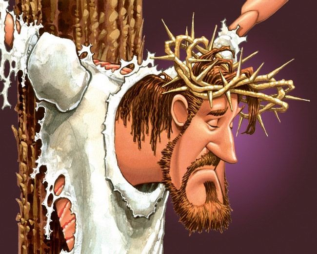 a drawing of jesus nailed to a tree with nails on his head and hands reaching for him