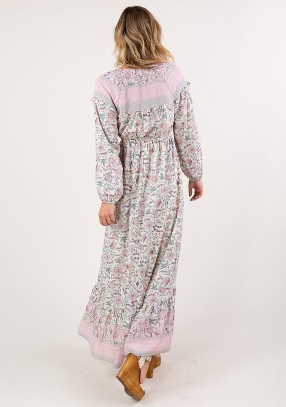 Floral print boho long sleeve maxi dress w/ elastic waist 100% polyester hand wash or dry clean by Love Stitch Modest Long Sleeve Pink Maxi Dress, Modest Maxi Dress With Elastic Waistband, Flowy Long Sleeve Modest Maxi Dress, Modest Long Sleeve Flowy Maxi Dress, Pink Maxi Dress With Elastic Waistband For Vacation, Patterned Long Sleeve Printed Maxi Dress, Patterned Floral Print Maxi Boho Dress, Modest Pink Maxi Dress For Fall, Pink Maxi Dress With Elastic Waistband For Spring