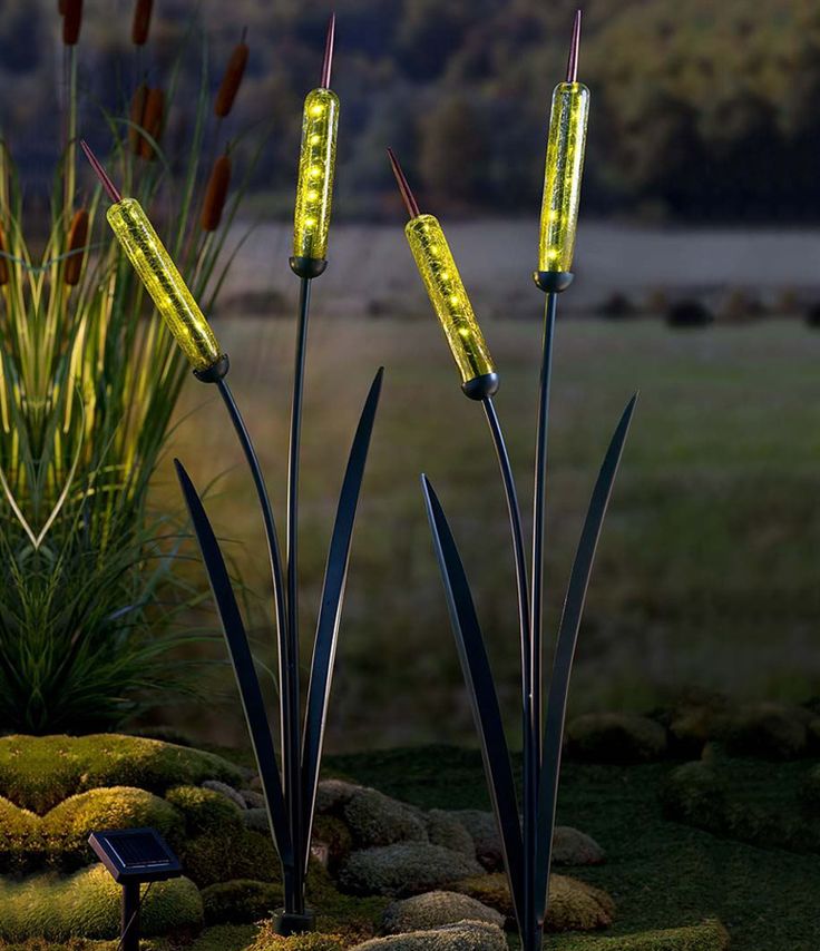 three lights that are on some rocks in the grass and one light is turned yellow