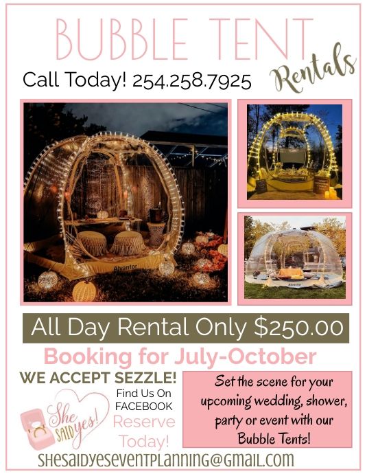 an advertisement for a rental party with pictures of the inside of it and text that reads,