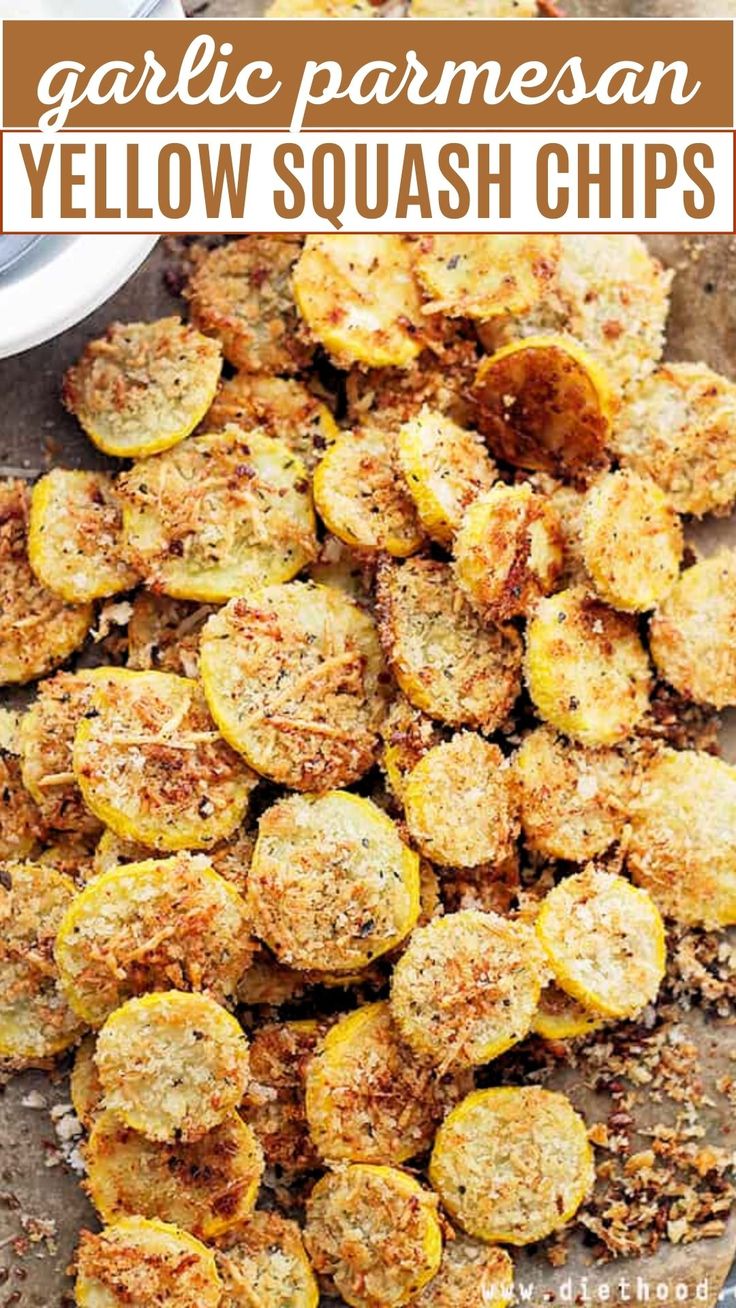 garlic parmesan yellow squash chips on a baking sheet with the title above it