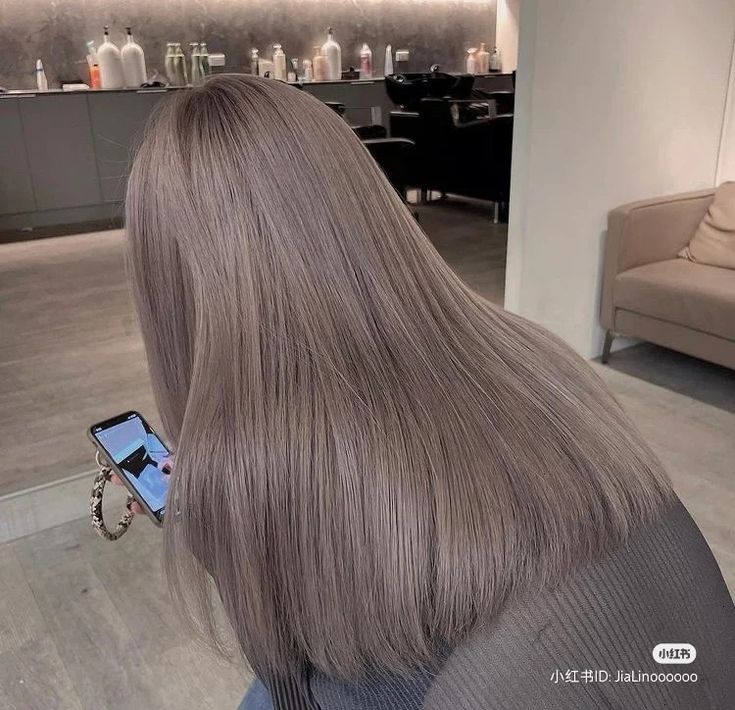 Gray Beige Hair Color, Medium Ash Violet Blonde, Milk Tea Gray Hair Color, Icy Dark Blonde Hair, Dust Ash Hair, Hair Color Ideas Ash Gray, Korean Grey Hair, Beige Grey Hair, Beige Gray Hair