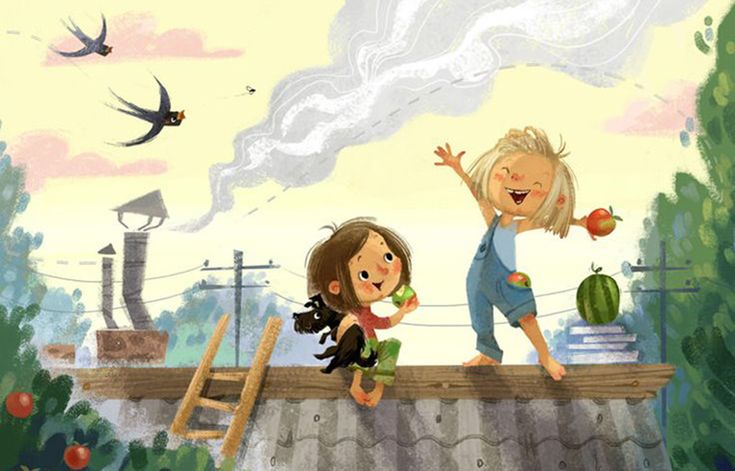 two children are standing on the edge of a roof with an apple and watermelon