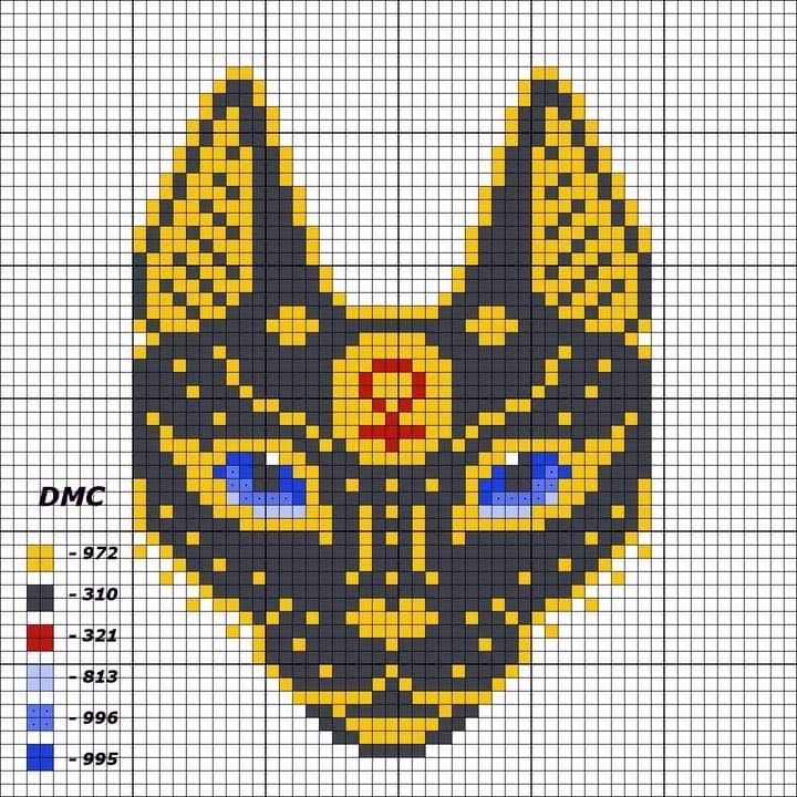 a cross - stitch pattern of a cat's head in yellow and blue colors