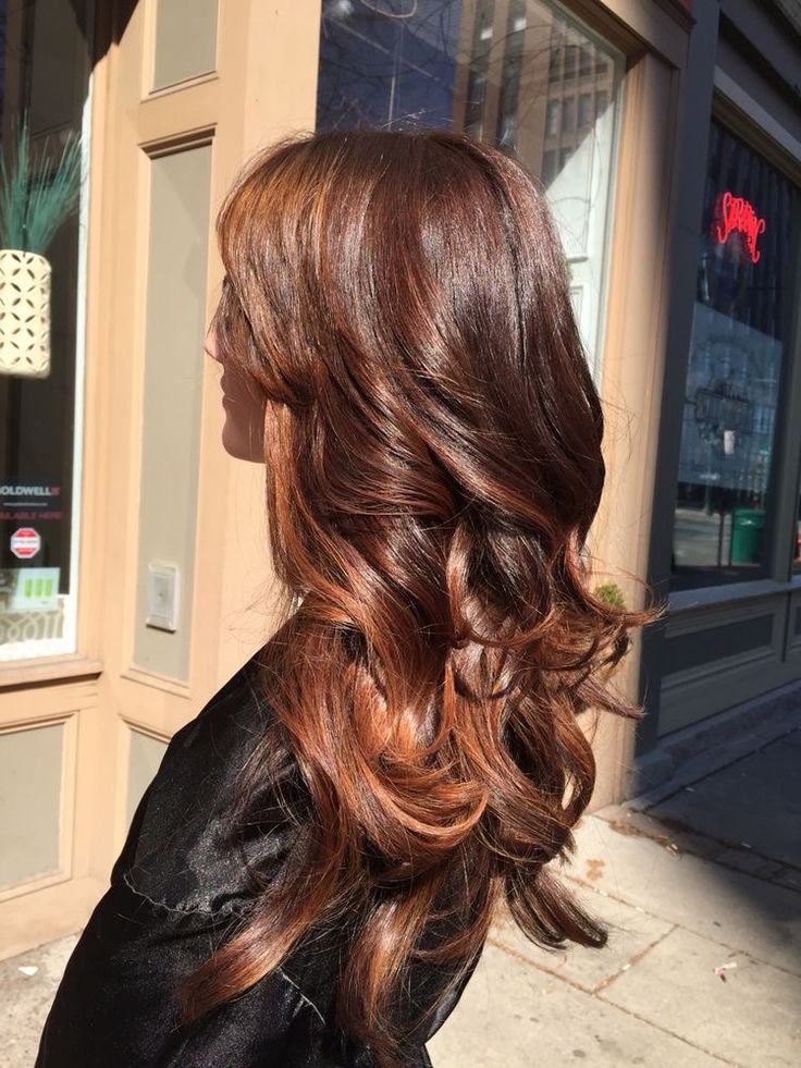 Brown With Ginger Balayage, Auburn Balayage Long Hair, Balayage Ginger Brown, Chocolate Brown Hair With Ginger Highlights, Auburn Glaze Hair, Auburn Hair With Brown Roots, Darker Auburn Hair, Brunette Hair With Ginger Highlights, Honey Copper Highlights