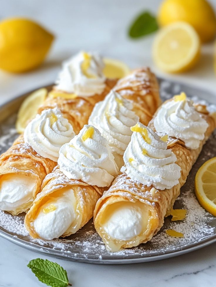 lemon croissants with whipped cream on a plate next to sliced lemons