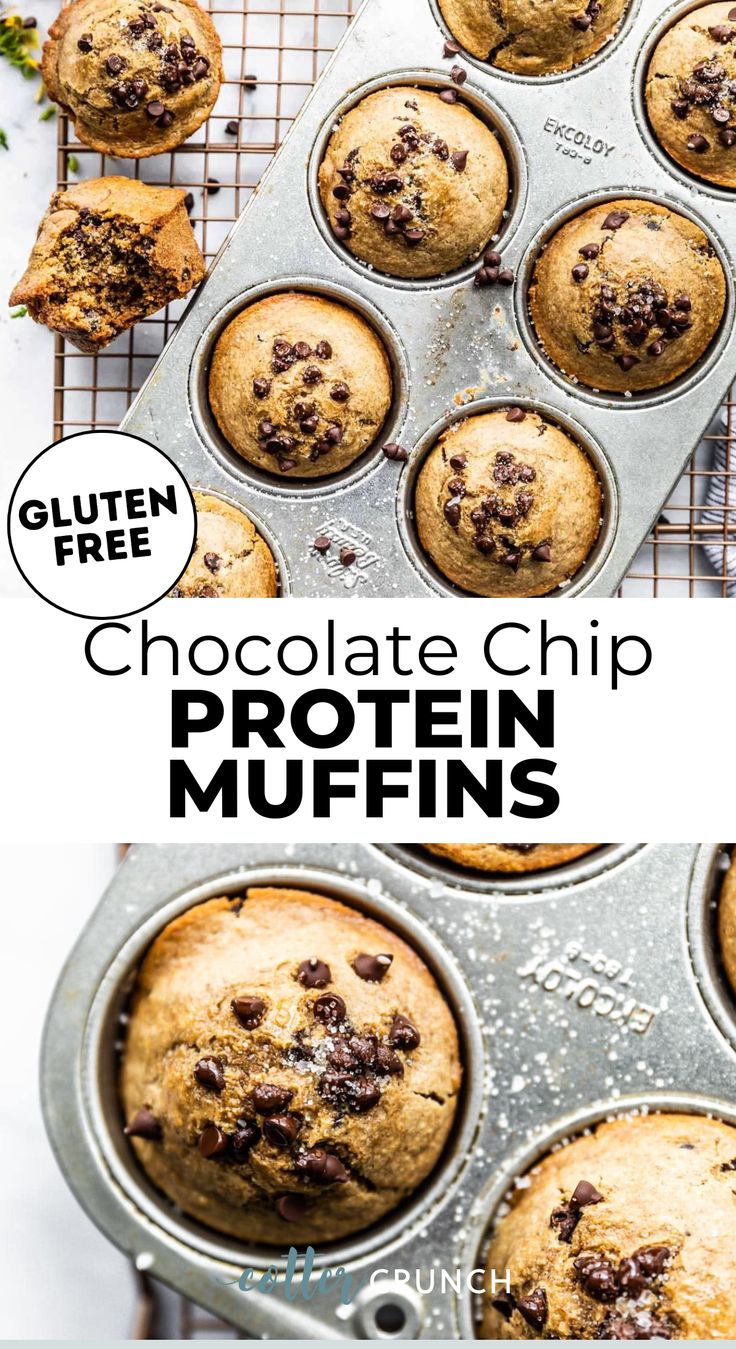 chocolate chip protein muffins in a muffin tin with the title overlay