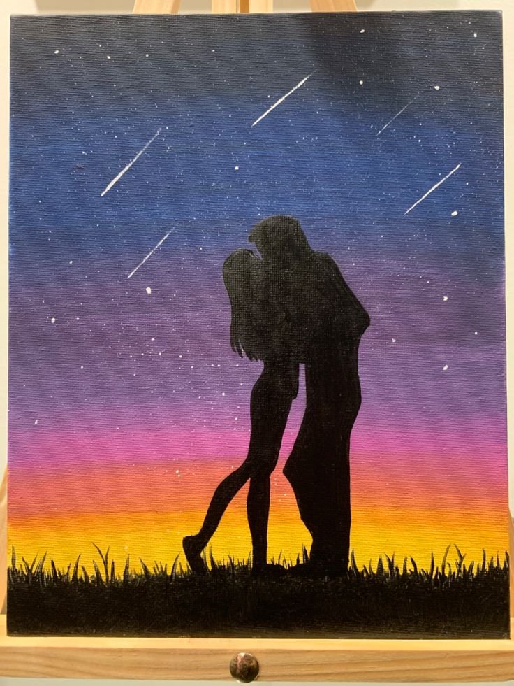 an acrylic painting of a couple kissing under the stars