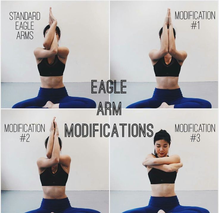 woman doing yoga poses with the words eagle arm modifications above her head and below her stomach